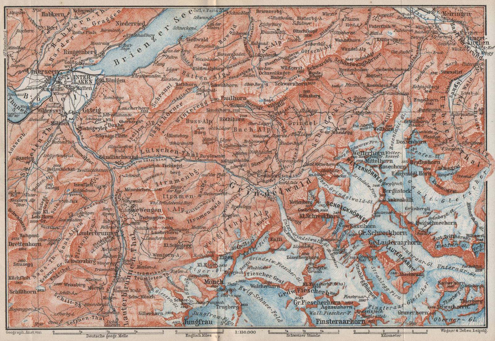 GRINDELWALD environs. Wengen Mürren Jungfrau Wetterhorn Interlaken 1889 map